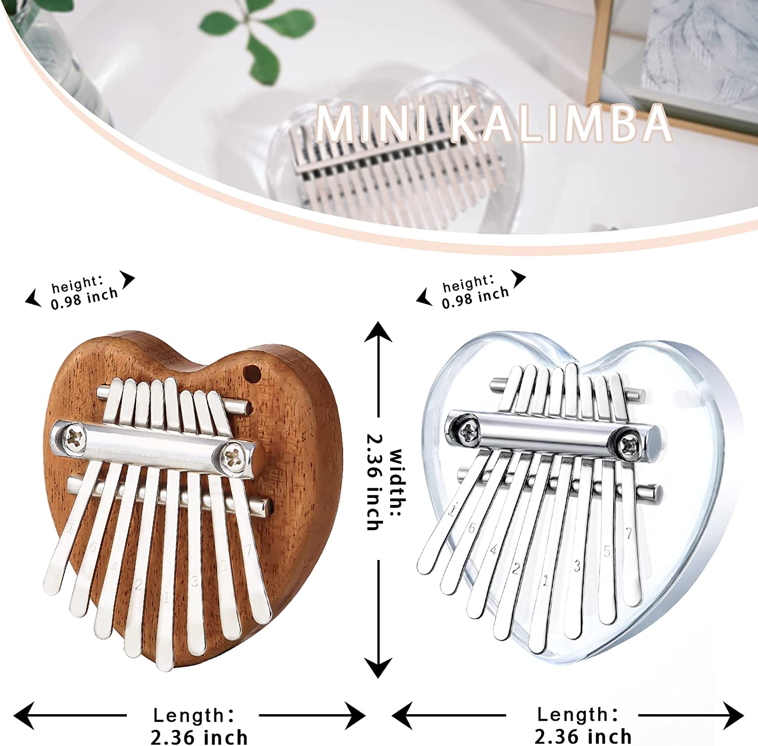 2 Pack Mini Kalimba Thumb Piano 8 Keys (Heart)