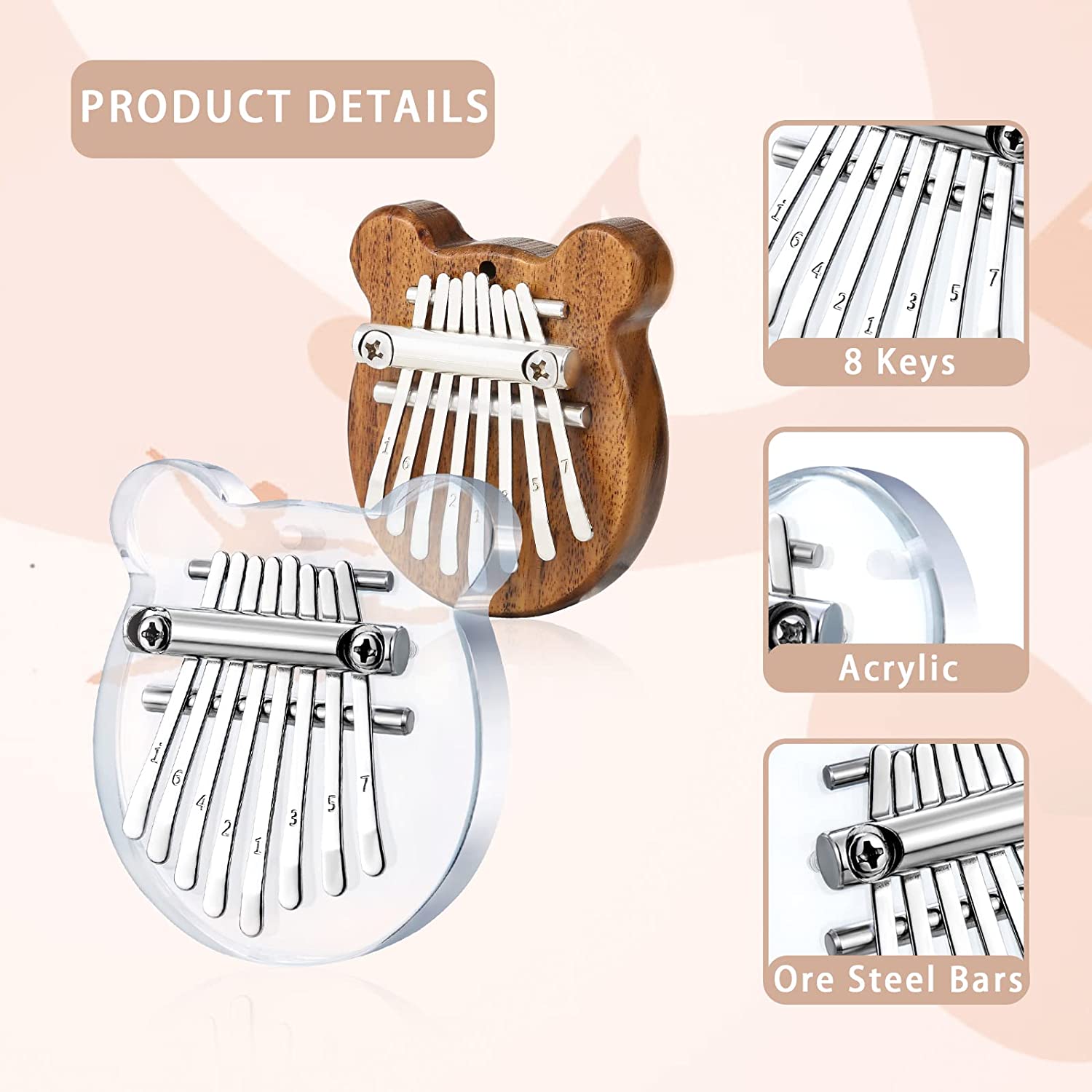 2 Pack Mini Kalimba Thumb Piano 8 Keys (Bear)