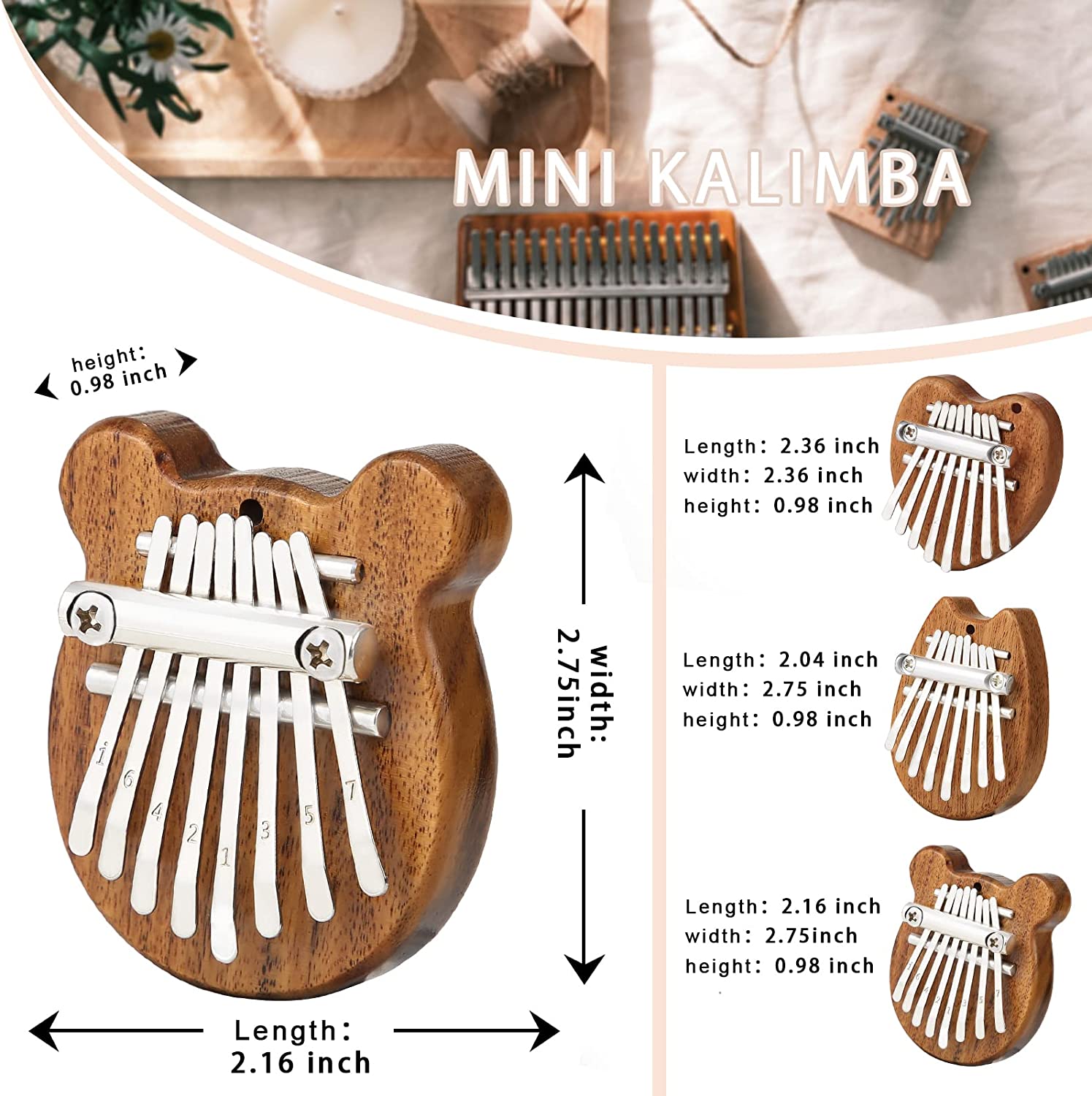3 Pack Mini Kalimba Thumb Piano 8 Keys (Wooden)