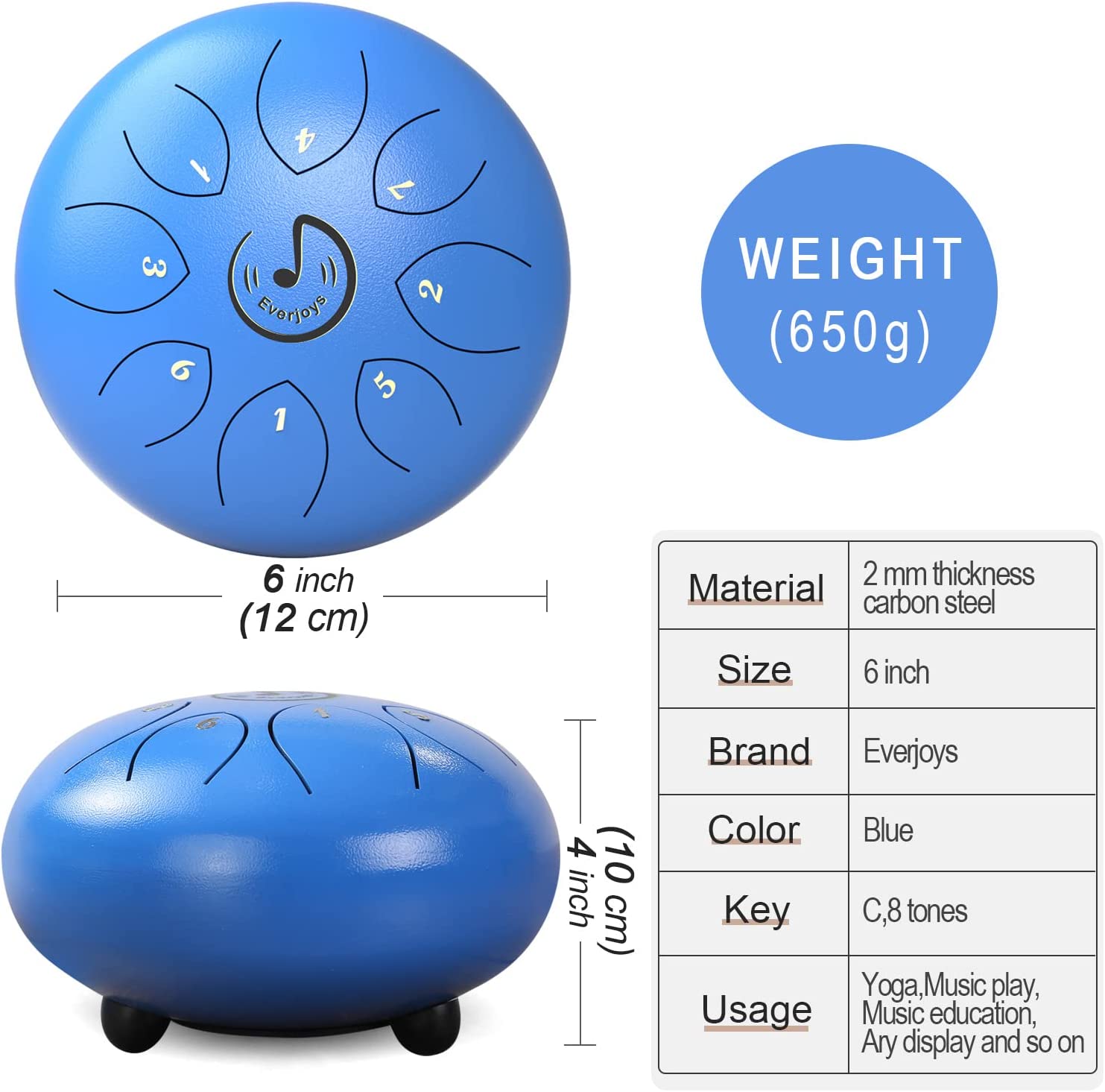 Steel Tongue Drum 8 Notes 6 Inches C-Key(Blue)